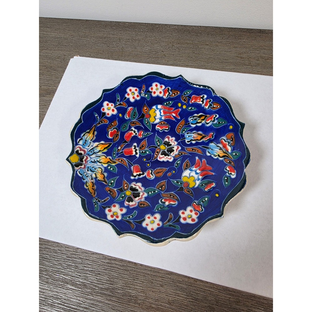 Turkish Kutahya Hand Painted Ceramic Plate 7" Raised Floral Tulip Motif Signed